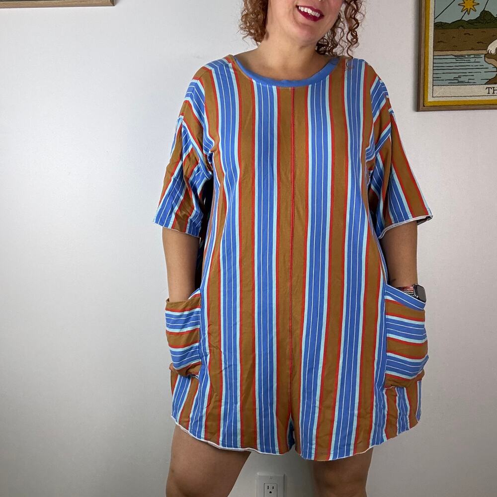 Free People Hot Shot Tee Romper blue and brown stripe size xl